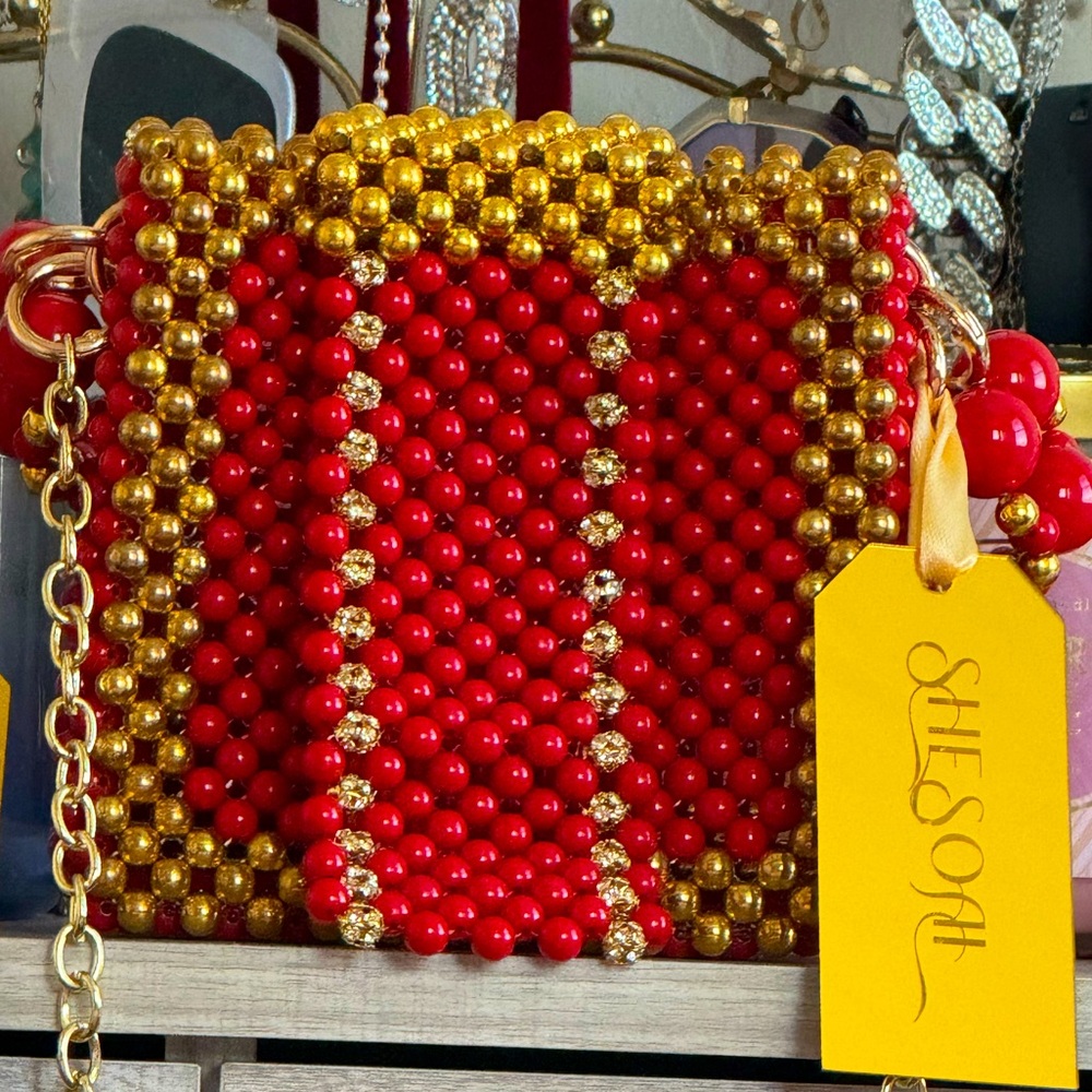 Handmade Beaded Red and Gold Handbag